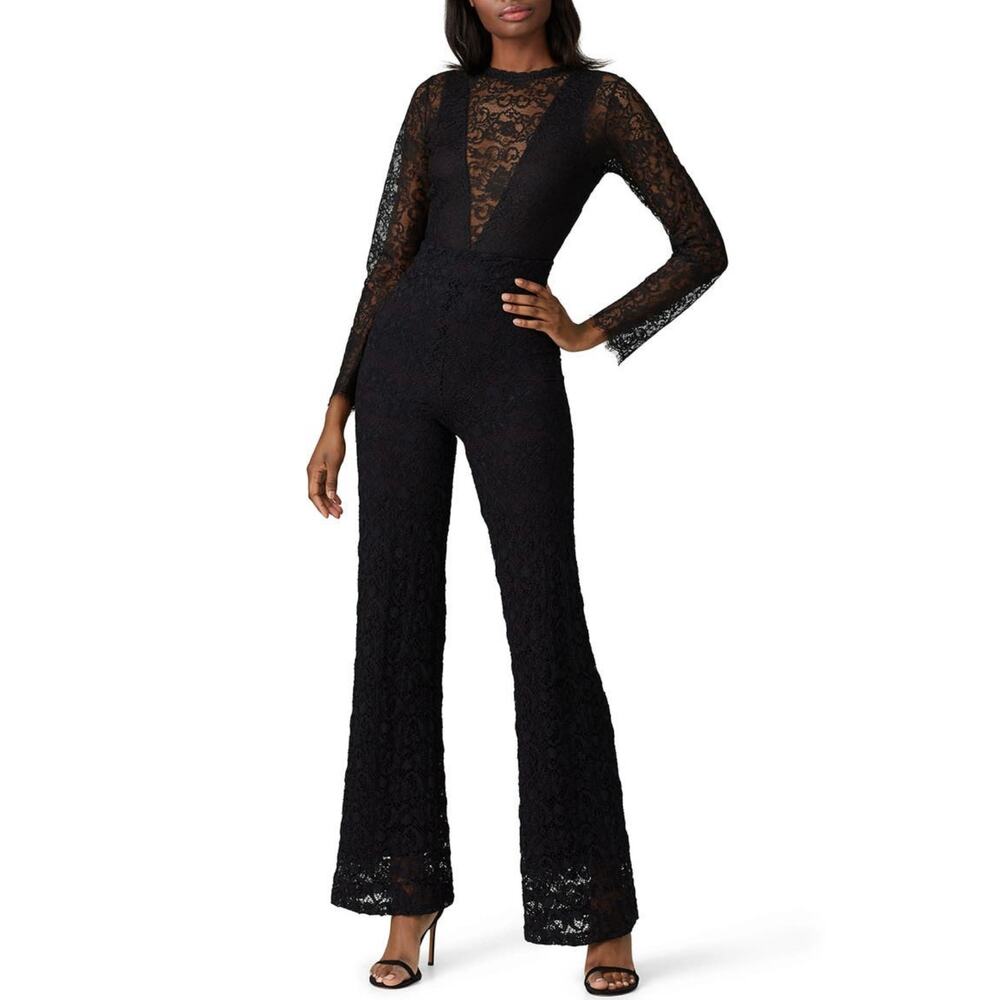 Nightcap Serata Black‎ Lace Long Sleeve V-Neck Flare Leg Jumpsuit Size M